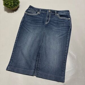 Long‎ Modest Bejeweled Rhinestone Denim Jean Pencil Skirt Women’s Size 6